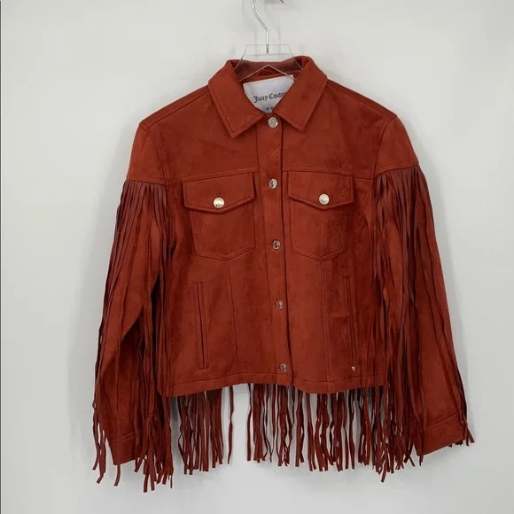 Juicy Couture Fringe trucker jacket jean denim rust orange Western cowboy new S - Picture 2 of 5